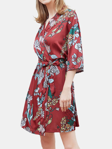 Plus Size Faux Silk Flower Printed Robes