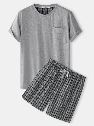 Cotton Crew Neck Plaid Shorts Pajamas