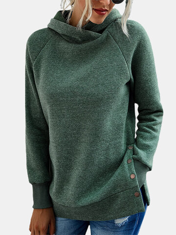 Solid Color Long Sleeves Split Hem Pullover Hoodies For Women