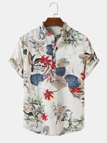 Cotton Tropical Plants Print Henley Shirt