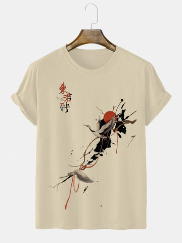 T-Shirts mit chinesischem Kranich-Tintendruck