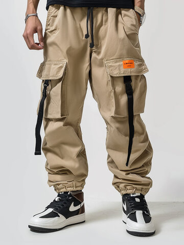 Solid Cargo Pocket Casual Pants