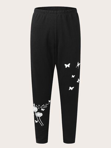 Butterfly Flower Print Elastic Skinny Pants
