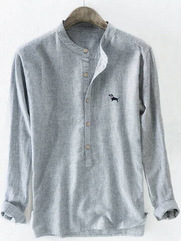 Cotton Dog Embroidery Striped Henley Shirt