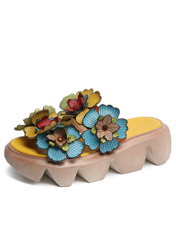Socofy Leather Floral Platform Sandals