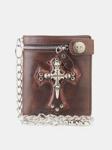 Genuine Leather Chain Cross RFID Solid Retro Personality Multi-slot Cards Holder Wallet