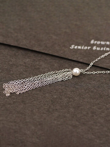 Collar de clavícula de perlas con borlas de plata S925