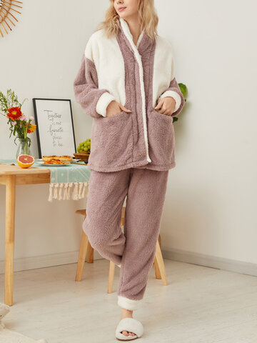 Fluffy Plush Zip Thick Contrast Pajamas