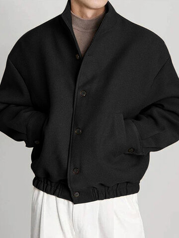 Solid Stand Collar Button Front Jacket