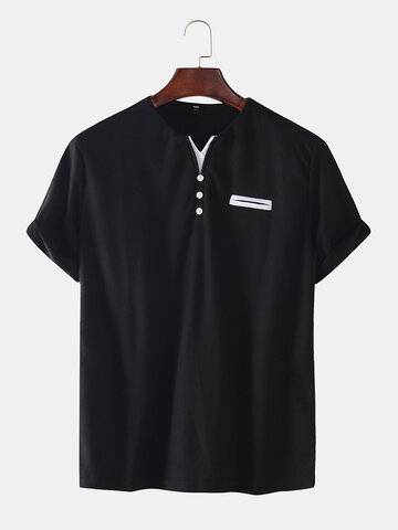 Pocket Color Matching V-neck Henley Shirt