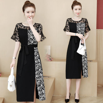 

Large Size Women's Loose Dress Season New Fat Sister Stitching Lace Cover Belly Slim Skirt