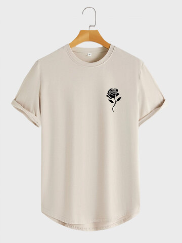 T-shirt con orlo curvo con stampa di rose