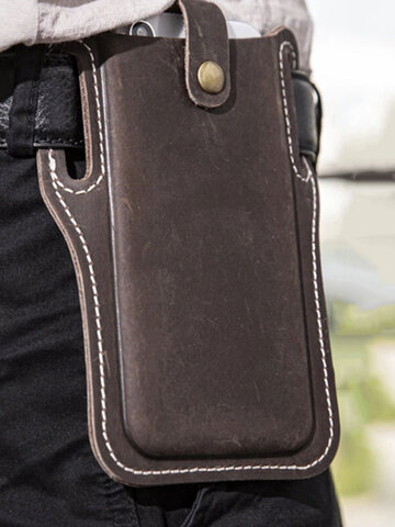 Men EDC Genuine Leather 6.3 Inch Retro Short Cell Phone Case Belt Bag