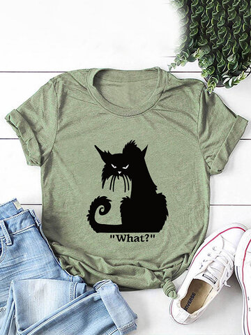 T-shirt de manga curta com estampa de gato cartoon
