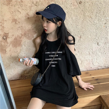 

New Loaded Hong Kong Flavor Loose Before And After Letter Printed Off-shoulder Short-sleeved T-shirt Foreign Long Shirt Women