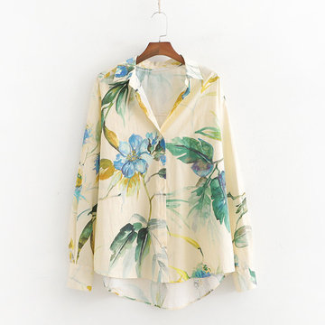 

Season New European And American Women's Fashion Wild Flowers Print Loose Front Short Long Sleeve Lapel Shirt