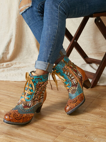 Floral Embossed Leather Splicing Tribal Pattern Cloth Boots