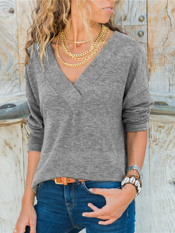 Solid Color Long Sleeve V-neck Casual T-shirt For Women