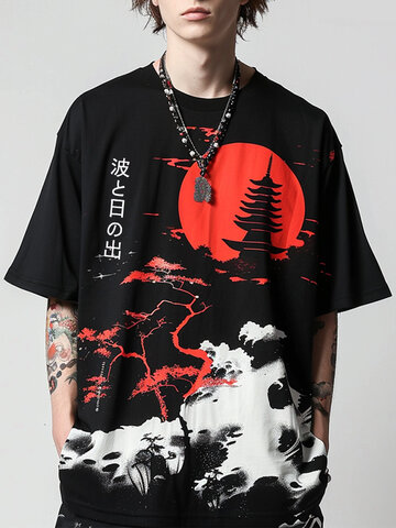 Japanese Landscape Print Crew Neck T-Shirts