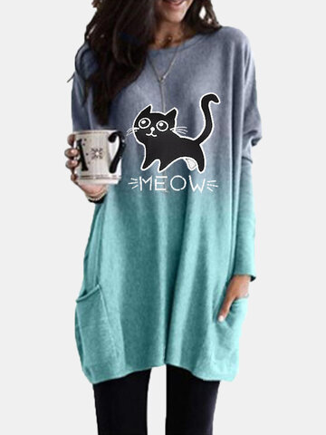 Women's Cat Print Long Sleeves O-neck Casual Blouse For Women