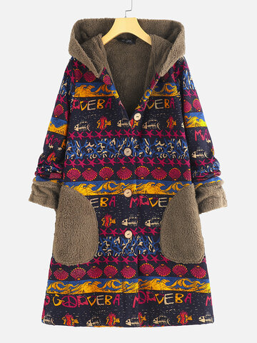 Ethnic Print Fleece Long Coat