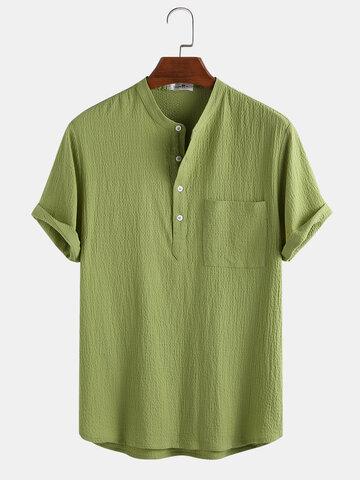 100% Cotton Solid Color Bubble Texture Henley Shirt