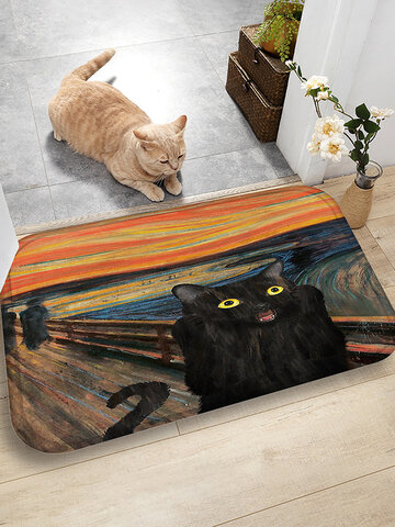 Tapis de sol à motif de chat noir Tapis de sol antidérapant à absorption d'eau en flanelle Tapis de porte pour salle de bain