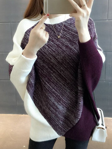 Striped Print Patchwork Knit Sweater