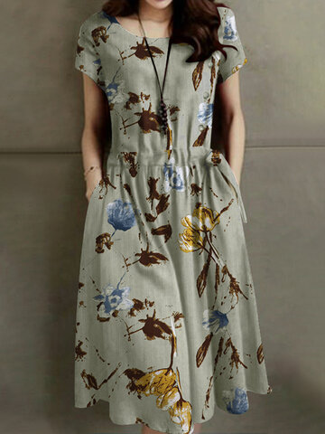 Flower Print Pocket Drawstring Dress