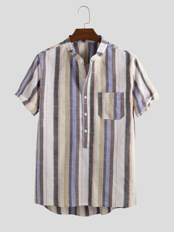 Vintage Striped Short Sleeve Henley Shirts
