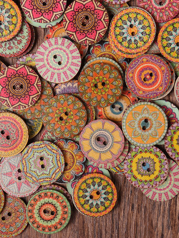 100 قطعة أزرار خشبية بوهيمية مستديرة على شكل زهرة ريترو