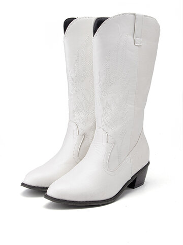 Leaf Embroidery Mid-Calf White Cowboy Boots