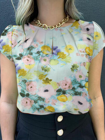 Watercolor Floral Print Pleated Blouse