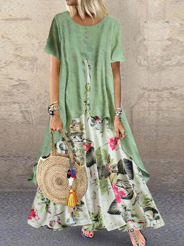 Bedruckte Patchwork-Taschen Maxi Kleid
