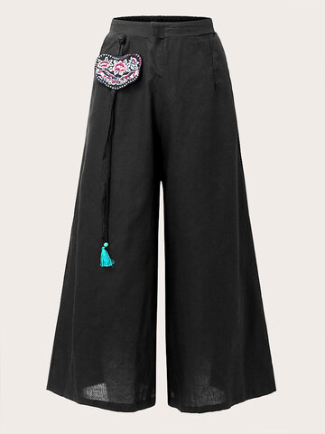 Solid Embroidered Wide-leg Pants