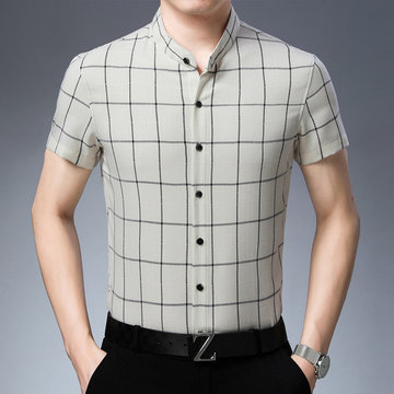 

Season New Men's Short-sleeved Stand Collar Middle-aged Men's Plaid Half-sleeved Casual Shirt Men's Clothing
