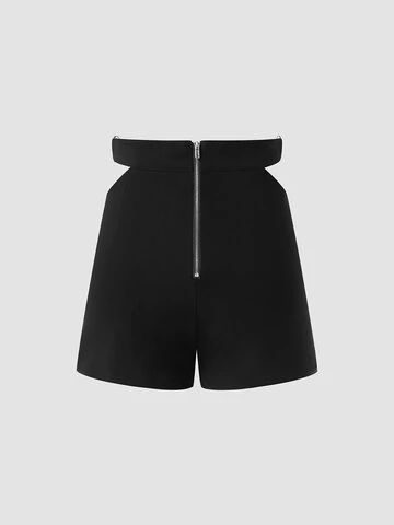 Solid Zip Front Cut Out Waist Double O-rings Shorts 