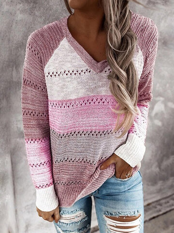 Contrast Color Long Sleeve V-neck Hallow Out Sweater For Women