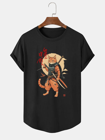 Camisetas com bainha curvada de gato guerreiro