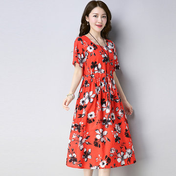 

Install New Ethnic Style Large Size Cotton And Linen Dress Female Loose Thin Literary Retro Floral Skirt