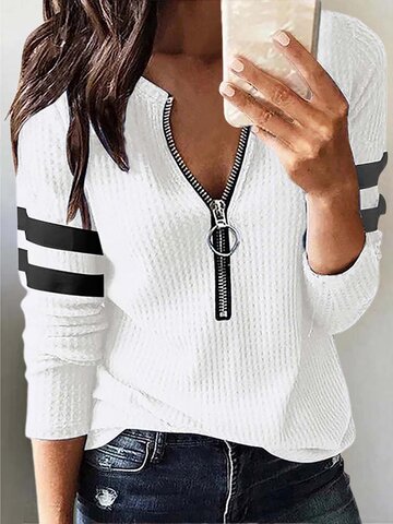 Striped Patchwork Waffle Knit T-Shirt
