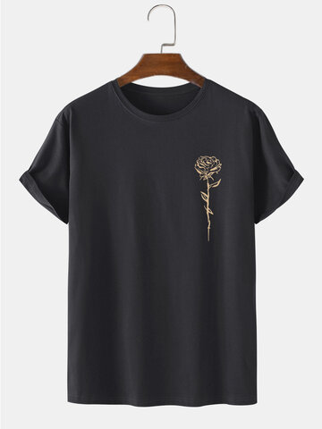 Rose Print Crew Neck Cotton T-Shirts