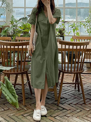 Solid Cargo Style Shirt Dress