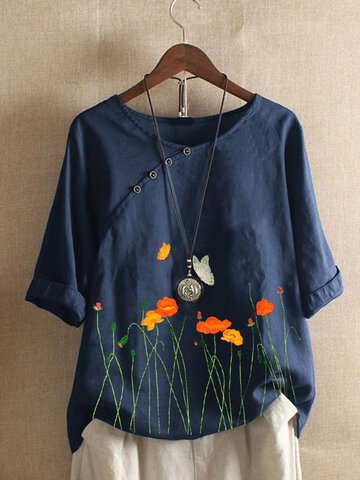 Flower Embroidery Button Half Sleeve Blouse For Women