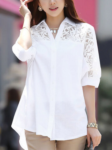 Lace Panel Solid Button Shirt