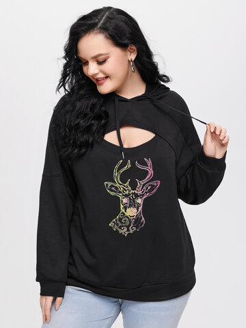 Animal Graphic Drawstring Cut Out Hoodie
