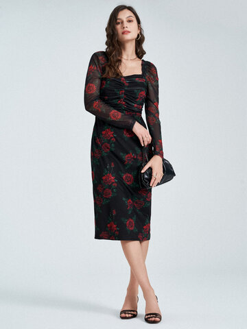 Rose Print Ruched Bodycon Dress