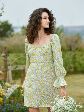 Floral Print Backless Shirred Dress