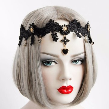 Europe Retro Headband Black Lace Hair Elastic Flower Coração Headband Jóia Jóias