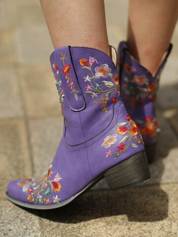 Retro Embroidered Slip On Cowboy Boots